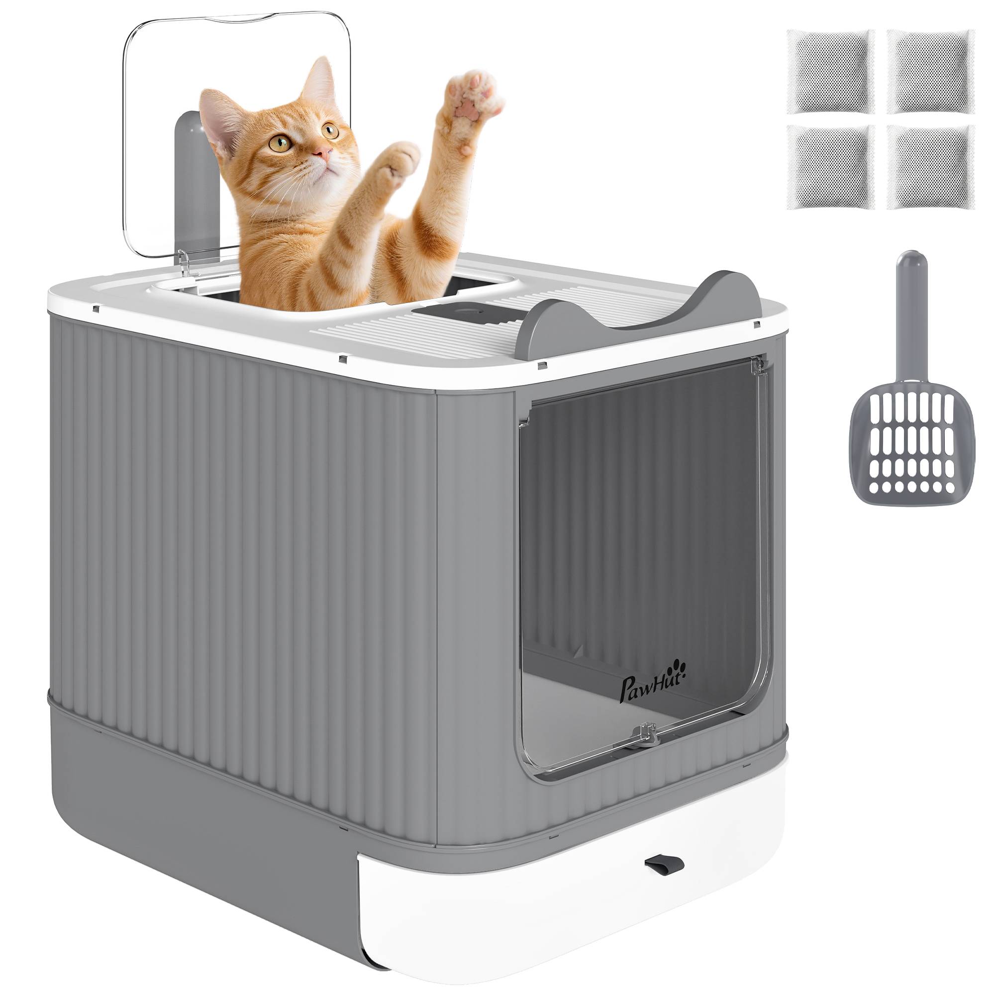 Bac à litière pour chat M avec couvercle à charnière, sortie par le haut, pelle, sacs désodorisants, facile à nettoyer, blanc - Image 1