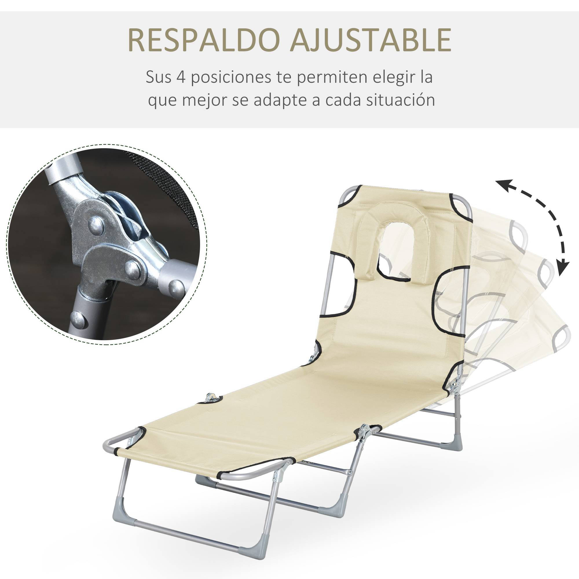 Fauteuil de jardin inclinable et pliable Tumbo avec trou de lecture, appui-tête et dossier réglable sur 5 positions pour Playa 182x56x28 cm Beige - Image 7