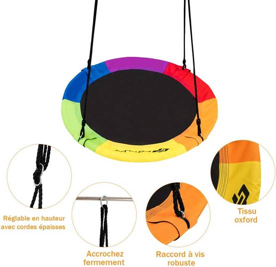 Balançoire nid d’oiseau rond 100cm de diamètre avec sangle de suspension charge 150 kg multicolore - Image 4