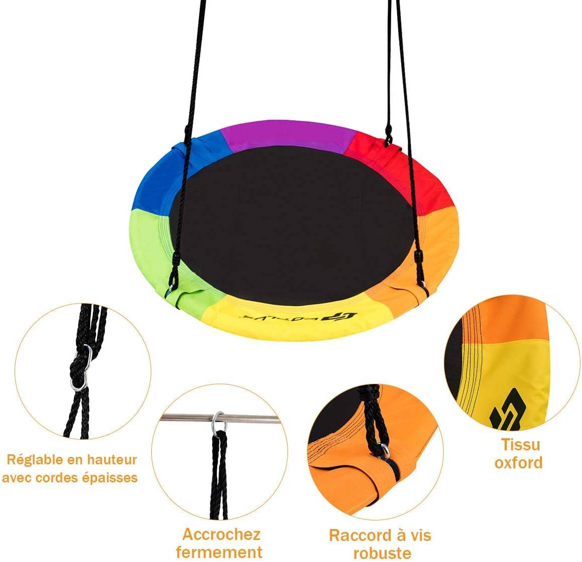 Balançoire nid d’oiseau rond 100cm de diamètre avec sangle de suspension charge 150 kg multicolore - Image 4
