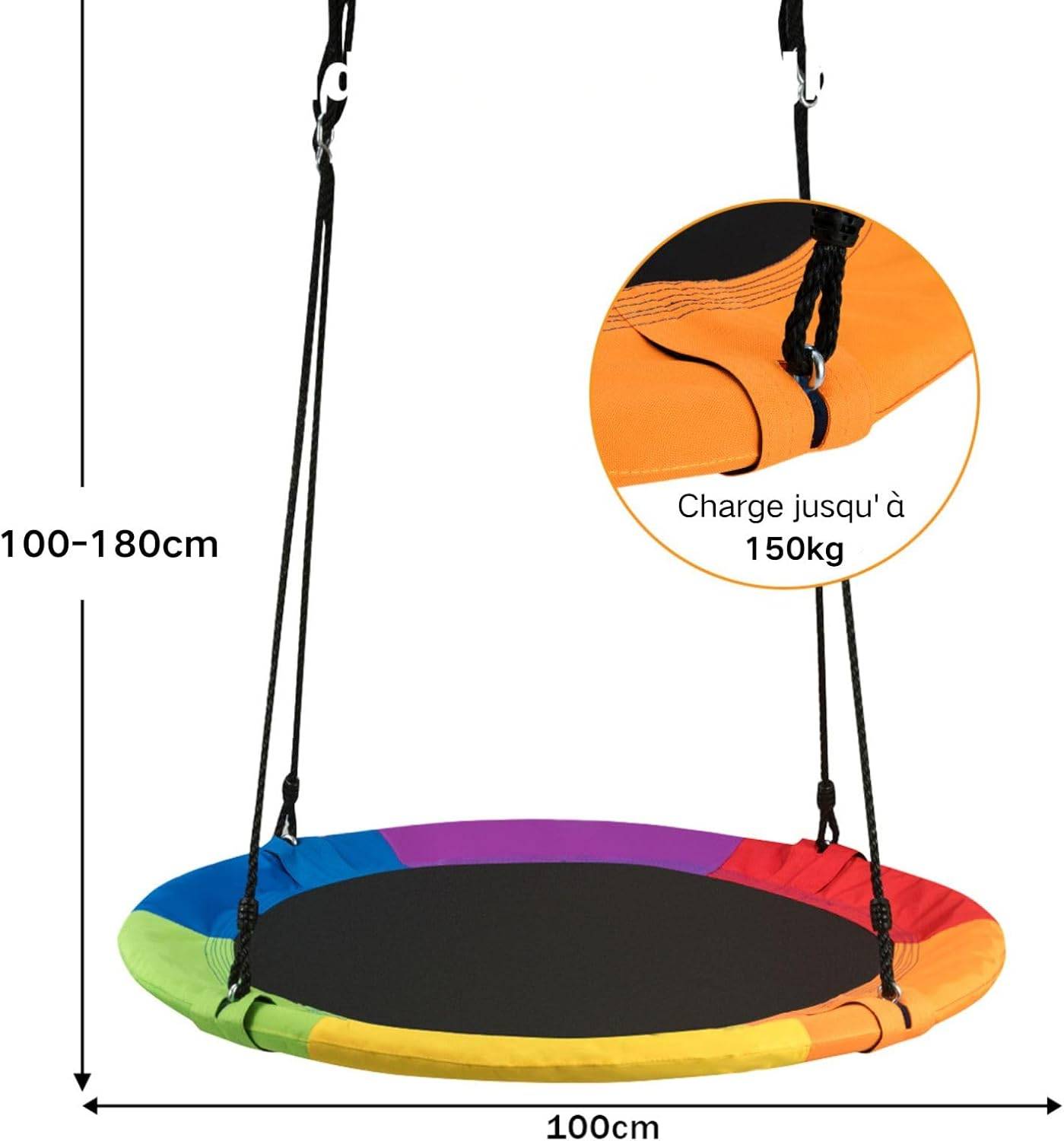 Balançoire nid d’oiseau rond 100cm de diamètre avec sangle de suspension charge 150 kg multicolore - Image 2