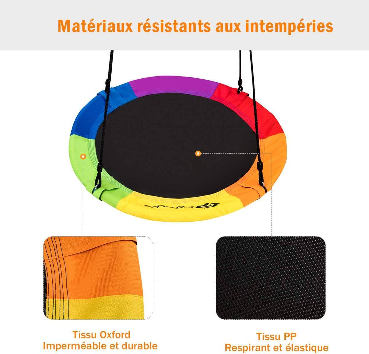 Balançoire nid d’oiseau rond 100cm de diamètre avec sangle de suspension charge 150 kg multicolore - Image 3