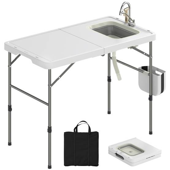 Table de nettoyage de poisson pliante avec hauteur réglable, évier, robinet, tuyau, panier pliant, fentes et sac - Image 1
