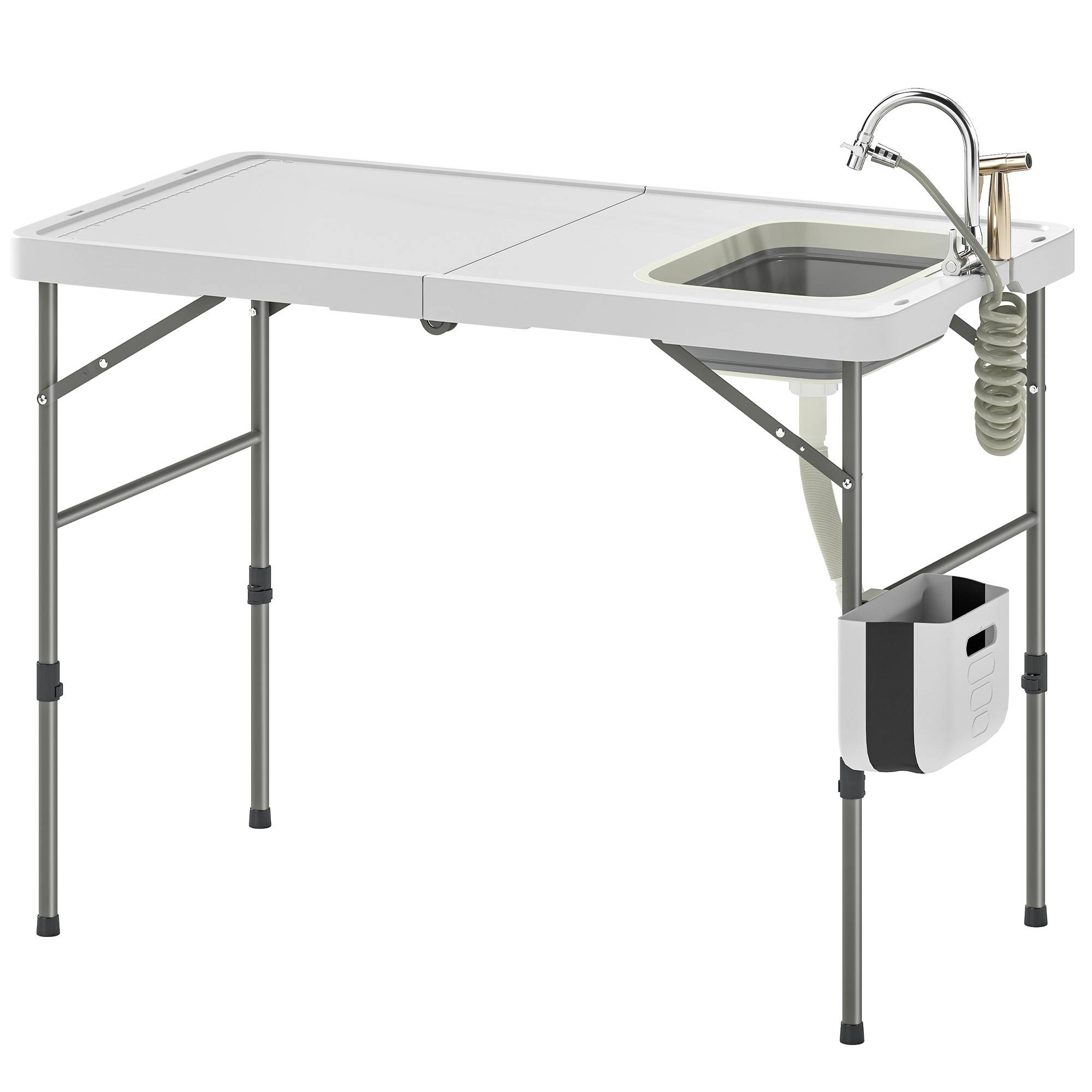 Table de nettoyage de poisson pliante avec hauteur réglable, évier, robinet, tuyau, panier pliant, fentes et sac - Image 2