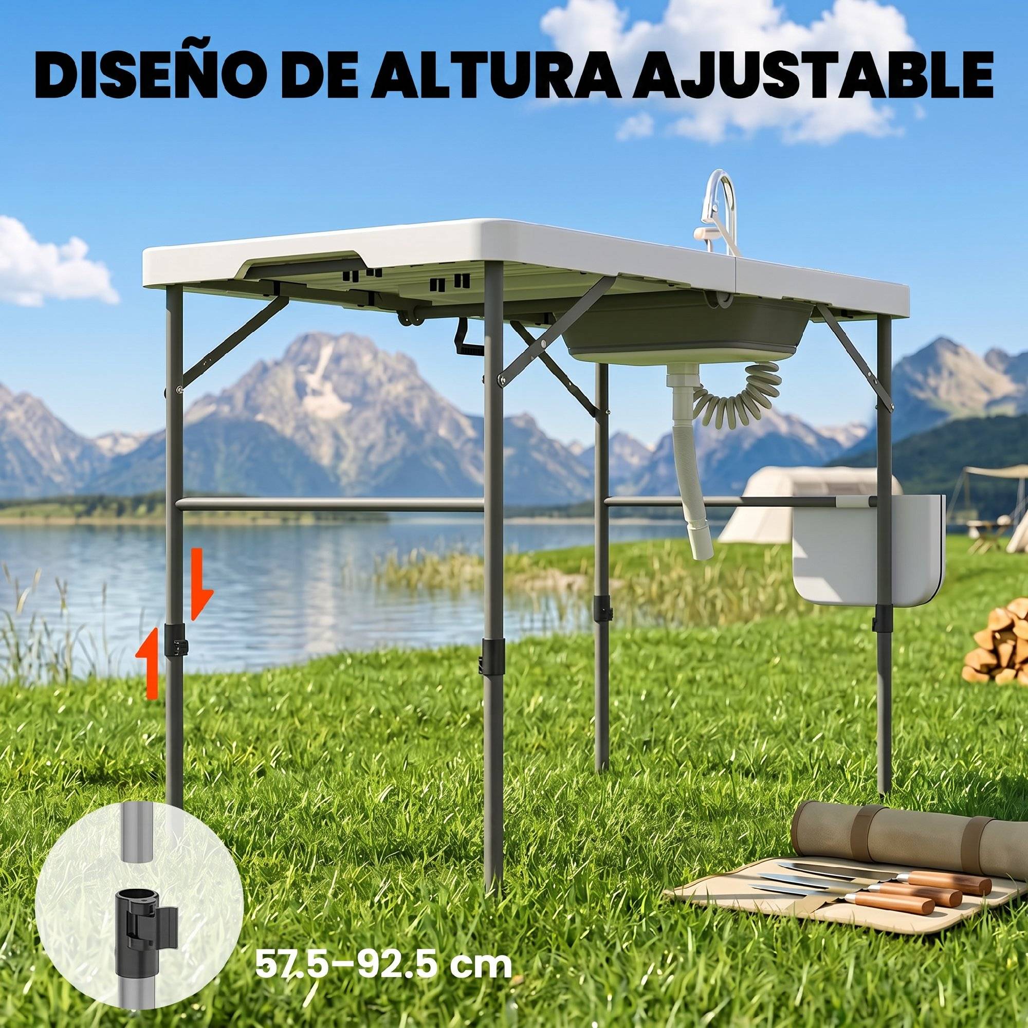 Table de nettoyage de poisson pliante avec hauteur réglable, évier, robinet, tuyau, panier pliant, fentes et sac - Image 10