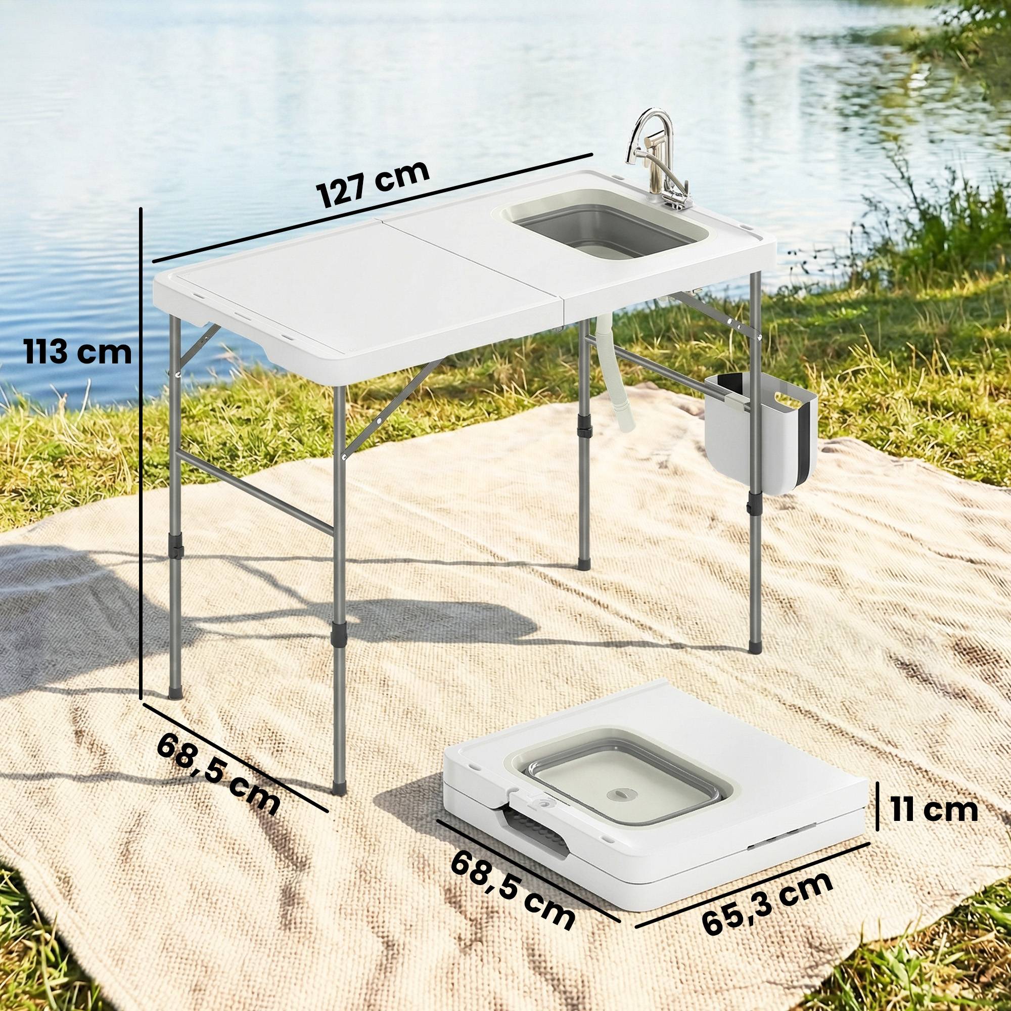Table de nettoyage de poisson pliante avec hauteur réglable, évier, robinet, tuyau, panier pliant, fentes et sac - Image 5