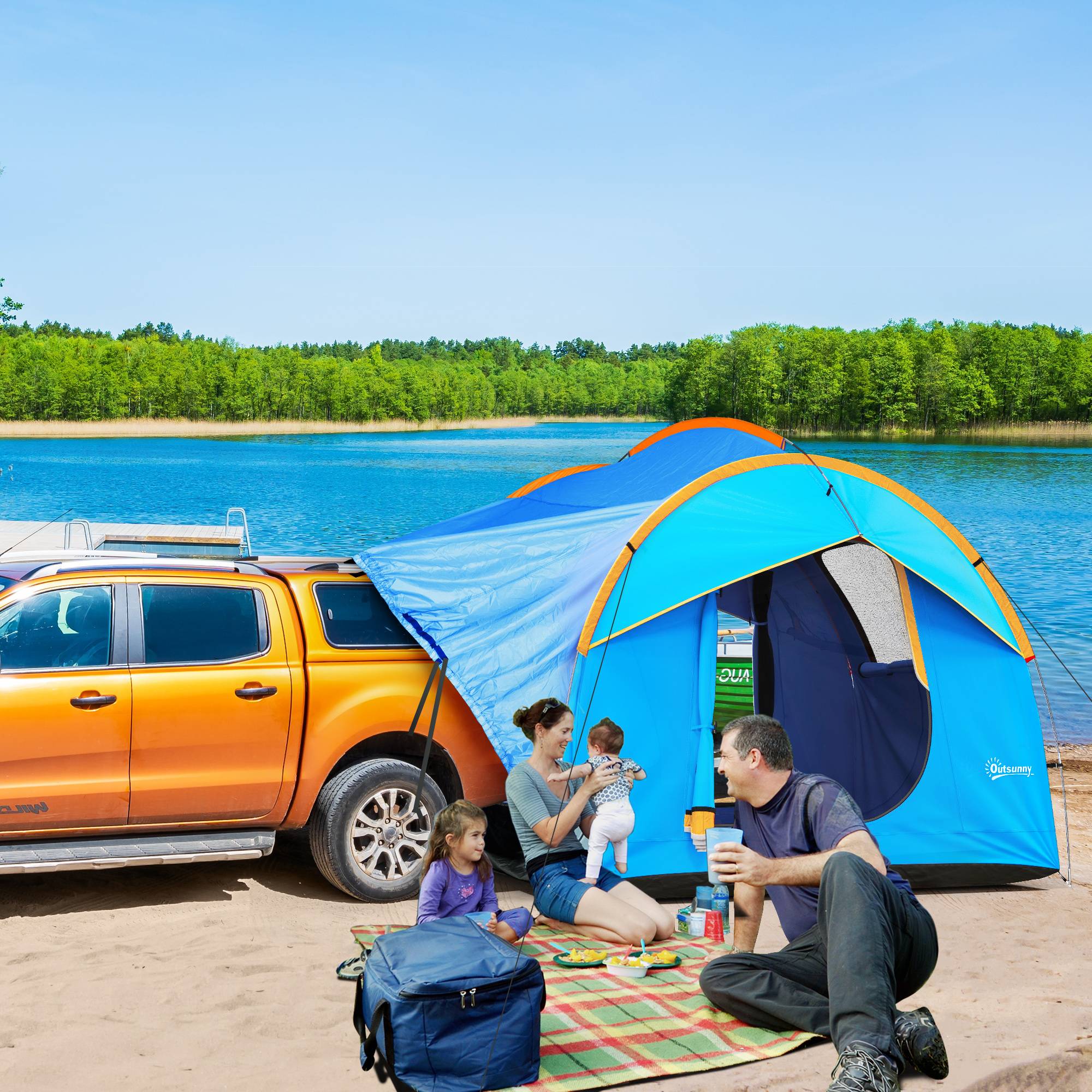 Tente voiture 5-6 personnes pour SUV avec hayon, 3 portes, fenêtre moustiquaire, trekking bleu orange - Image 3