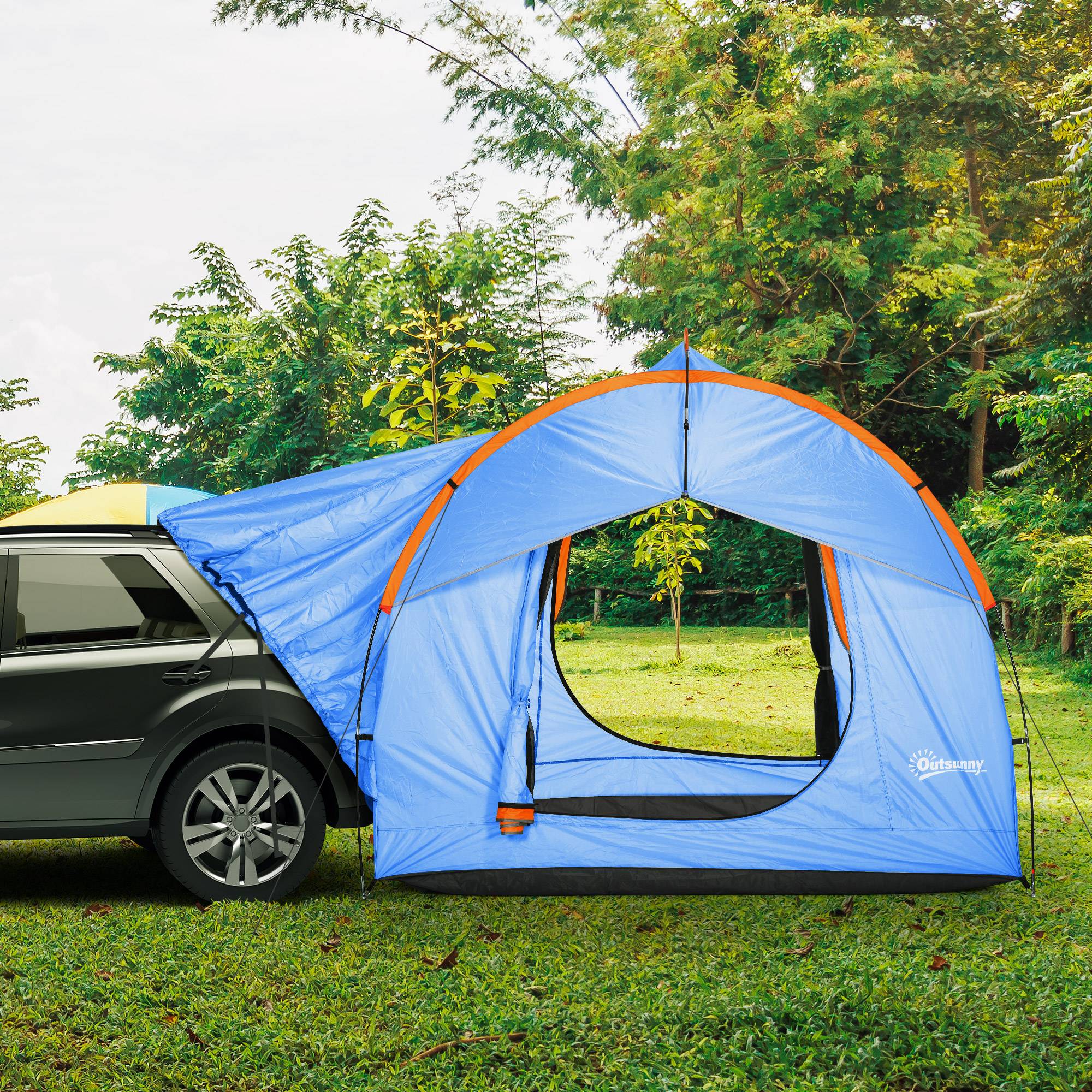 Tente voiture 5-6 personnes pour SUV avec hayon, 3 portes, fenêtre moustiquaire, trekking bleu orange - Image 4