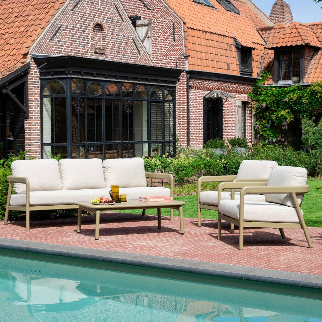 Wilsa Garden - Salon de jardin bas 5p en aluminium Kaki clair et tissu Beige chiné LINDOS - Image 3