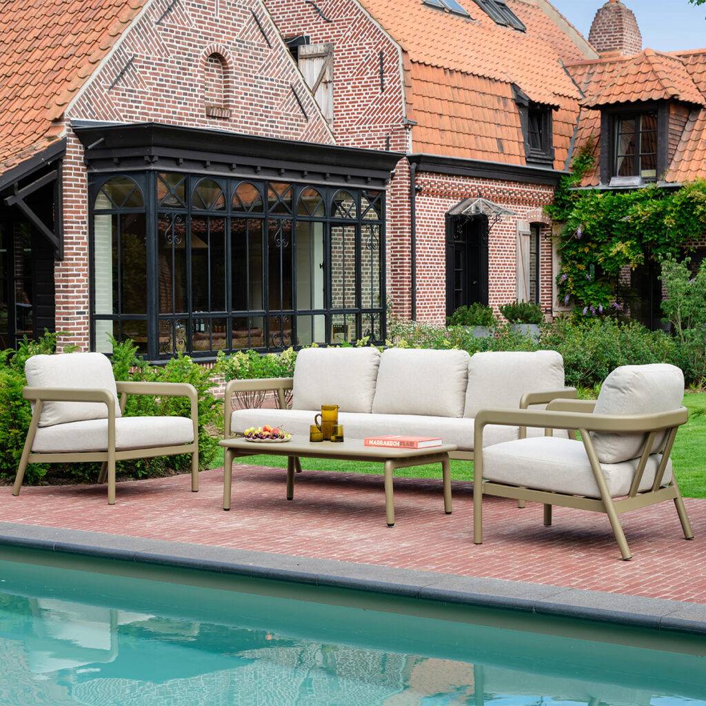 Wilsa Garden - Salon de jardin bas 5p en aluminium Kaki clair et tissu Beige chiné LINDOS