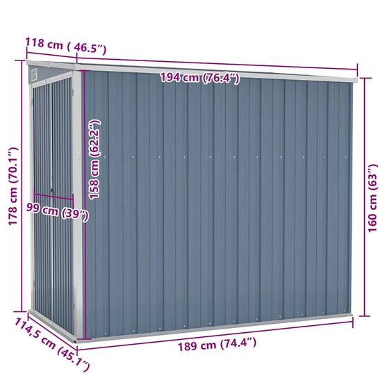 Vidaxl - Abri de jardin mural Gris 118x194x178 cm Métal galvanisé vidaXL 316222 - Image 3