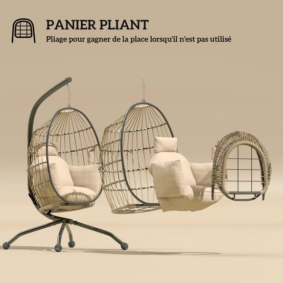 Fauteuil œuf suspendu acier tressé pour terrasse panier pliable coussin rembourré kaki - ComfortXL Outdoor Living - Image 7