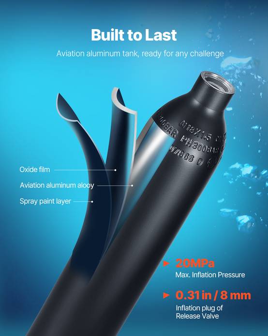 VEVOR Bouteille plongée portable 0.5L, oxygène, 5-10 min, 30m profondeur, exploration, sauvetage. - Image 3