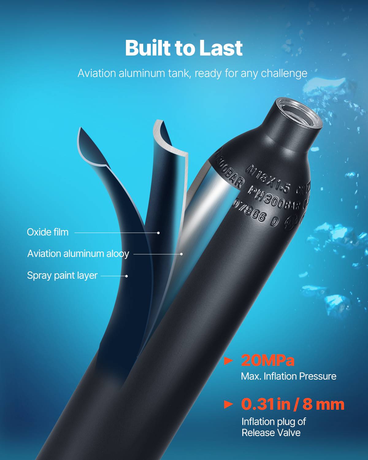 VEVOR Bouteille plongée portable 0.5L, oxygène, 5-10 min, 30m profondeur, exploration, sauvetage. - Image 3