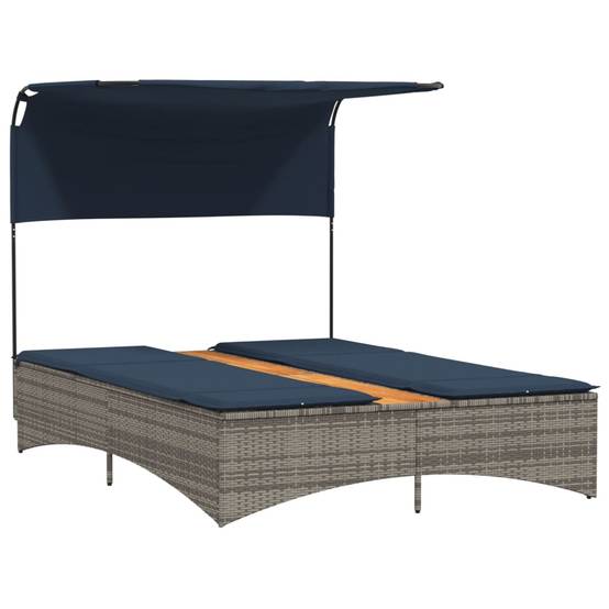 Chaise longue | Transat | Bain de soleil double avec auvent et coussins en polyrotin gris - Image 4
