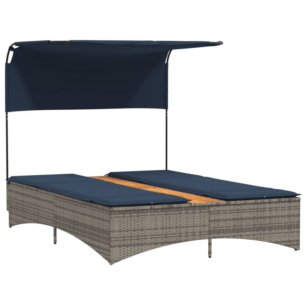 Chaise longue | Transat | Bain de soleil double avec auvent et coussins en polyrotin gris - Image 4
