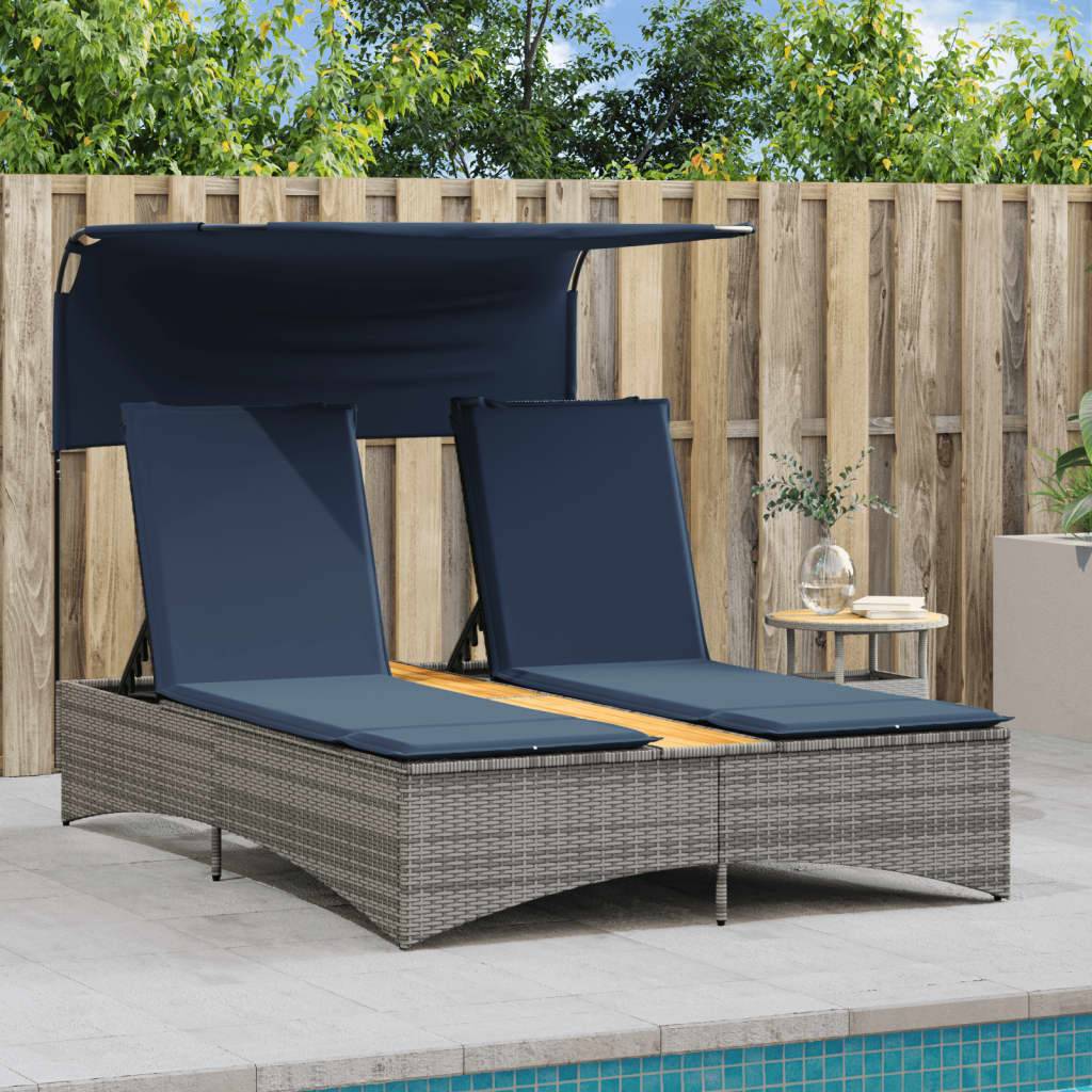 Chaise longue | Transat | Bain de soleil double avec auvent et coussins en polyrotin gris - Image 3