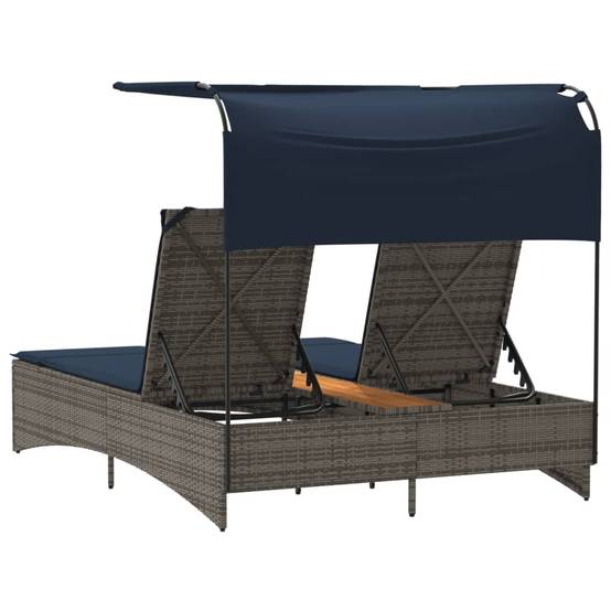 Chaise longue | Transat | Bain de soleil double avec auvent et coussins en polyrotin gris - Image 7