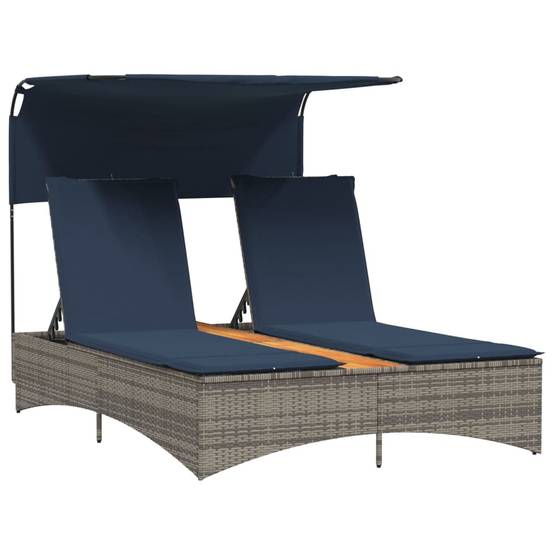 Chaise longue | Transat | Bain de soleil double avec auvent et coussins en polyrotin gris - Image 1