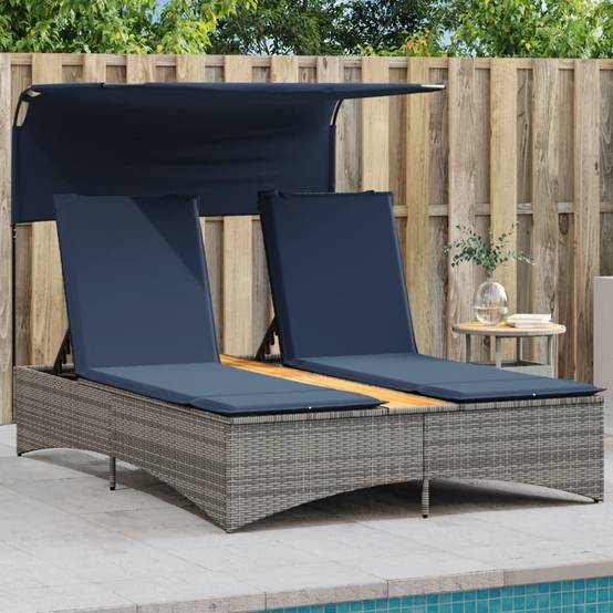 Chaise longue | Transat | Bain de soleil double avec auvent et coussins en polyrotin gris - Image 2