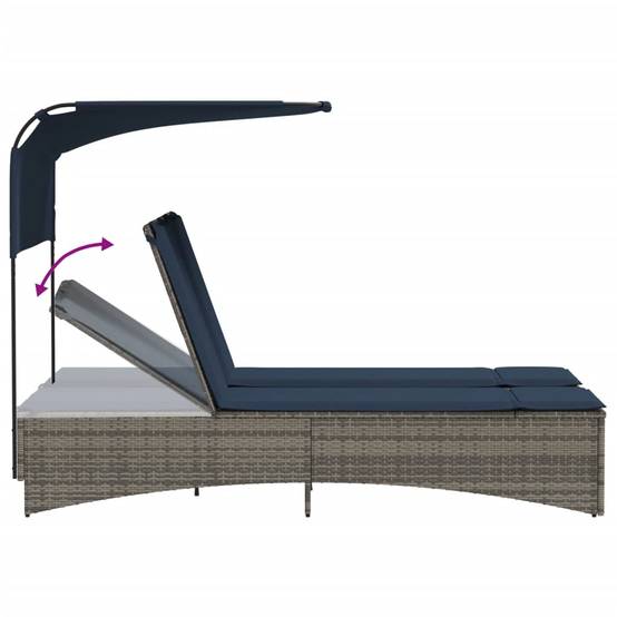 Chaise longue | Transat | Bain de soleil double avec auvent et coussins en polyrotin gris - Image 8