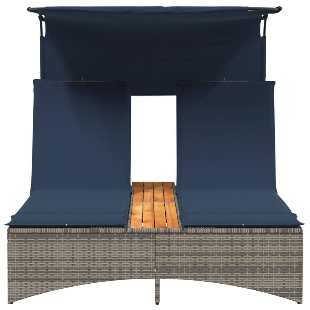 Chaise longue | Transat | Bain de soleil double avec auvent et coussins en polyrotin gris - Image 5