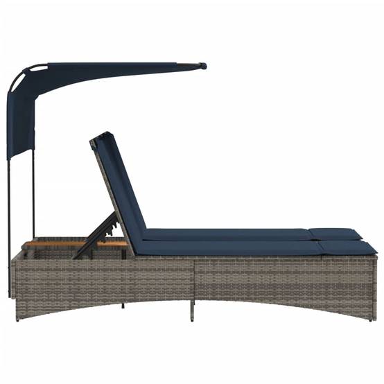 Chaise longue | Transat | Bain de soleil double avec auvent et coussins en polyrotin gris - Image 6