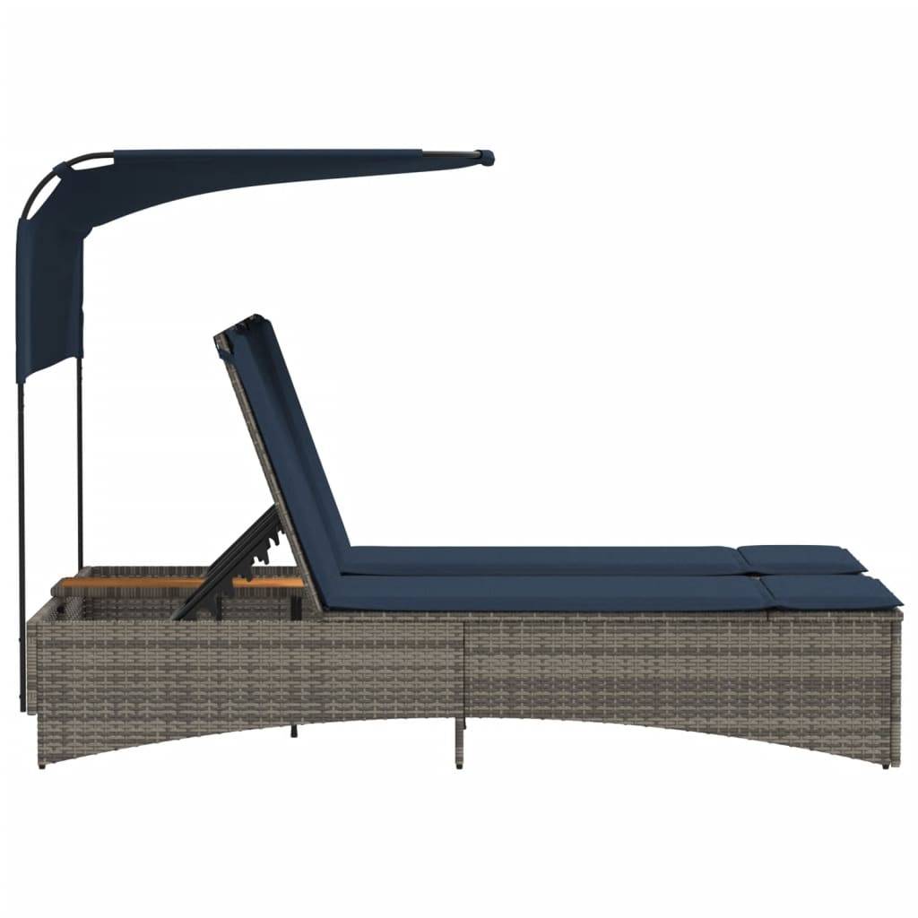 Chaise longue | Transat | Bain de soleil double avec auvent et coussins en polyrotin gris - Image 6