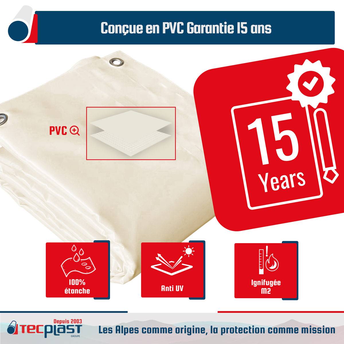 Toile Pergola Ivoire 3x3 m Protection Solaire XP680M2PR - Garantie 15 ans - Bâche Pergola étanche PVC - Made in France TECPLAST - Image 2
