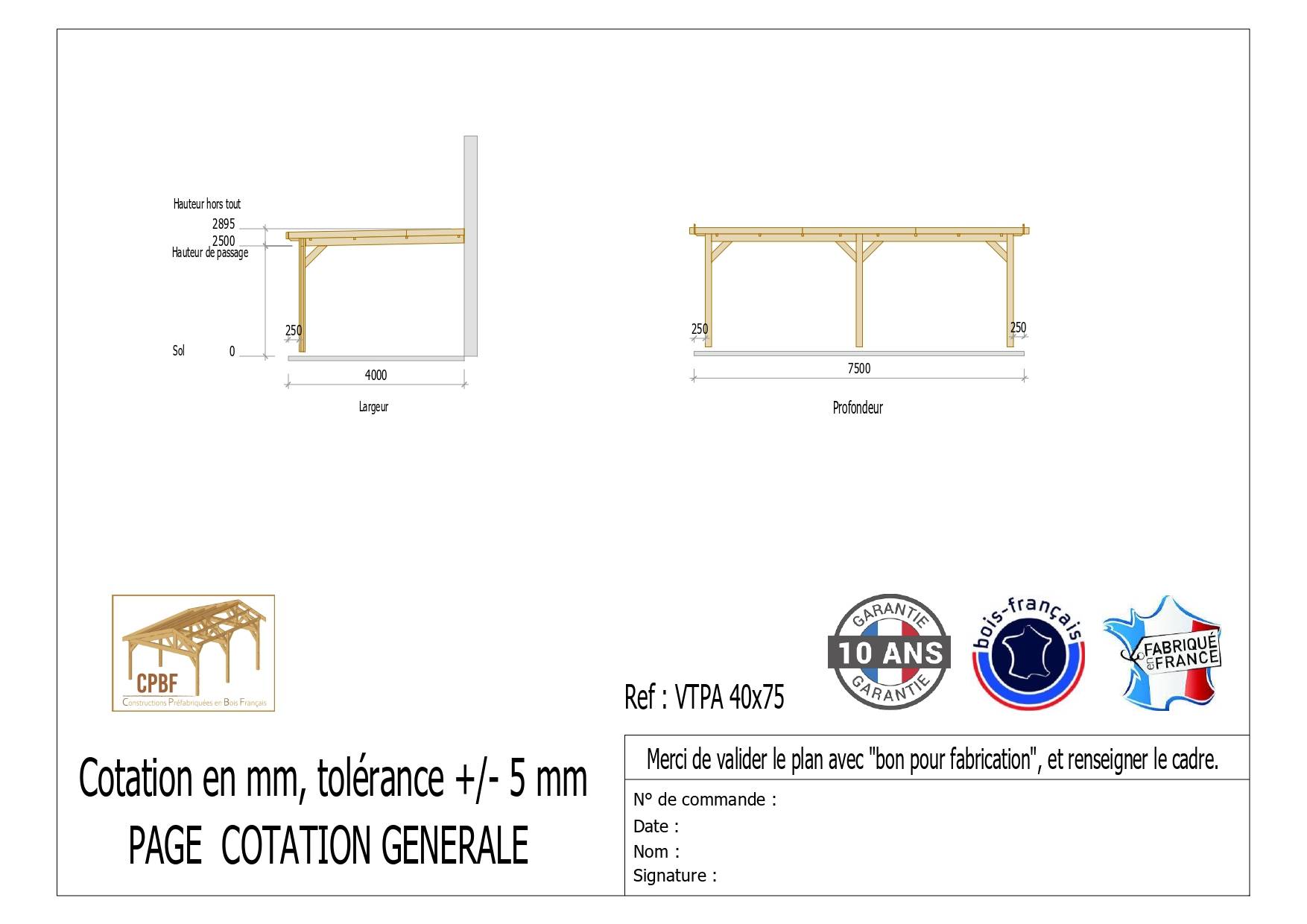 Cpbf Charpentes - Carport adossé toit plat 400cmx750cm, bois DOUGLAS Français (Charpente en bois-auvent-abri voiture) 30 m². Garantie 10 ans - Image 2