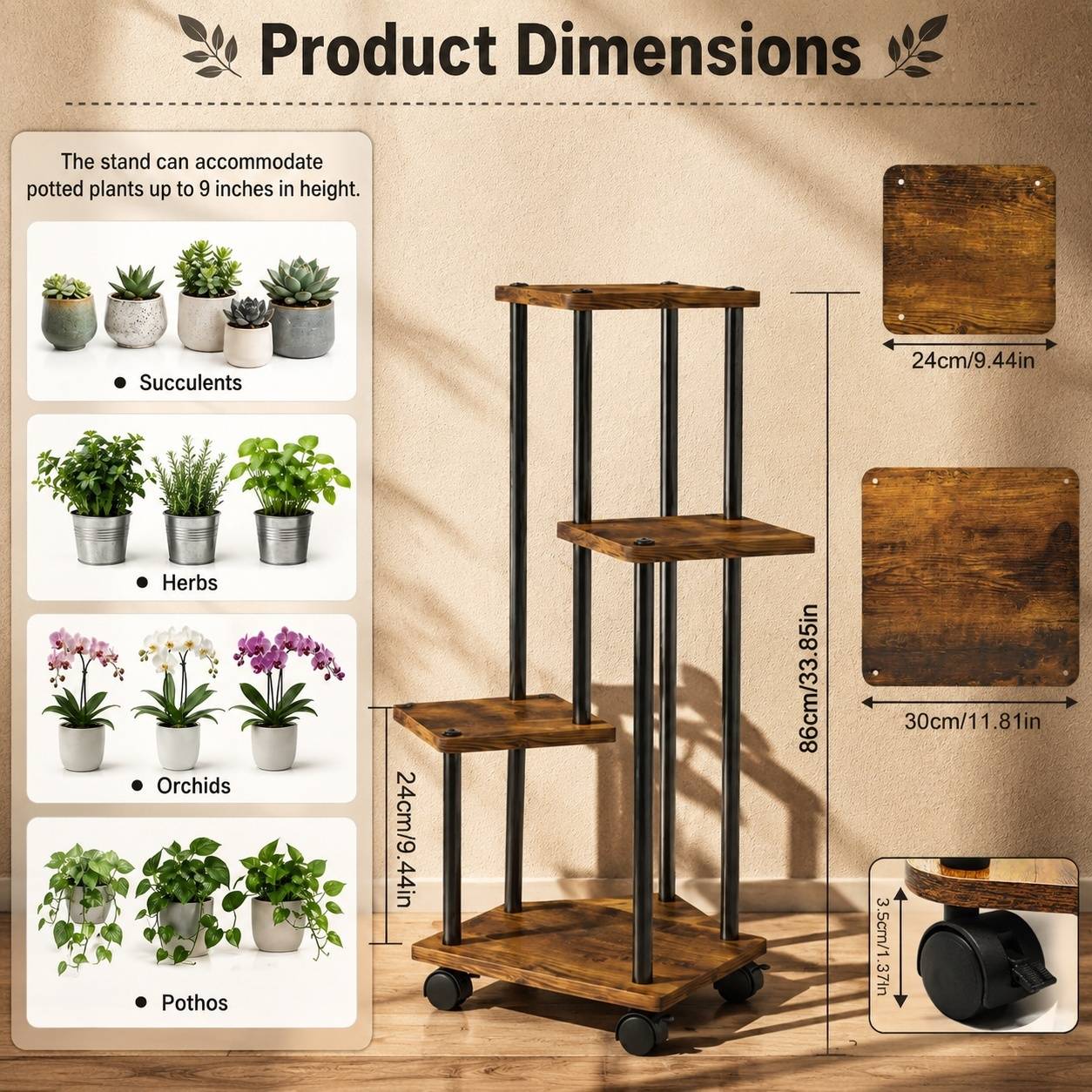 Support à Plantes à 5 Niveaux Roulettes Métal Bois Économiseur d'Espace Polyvalent - Image 2