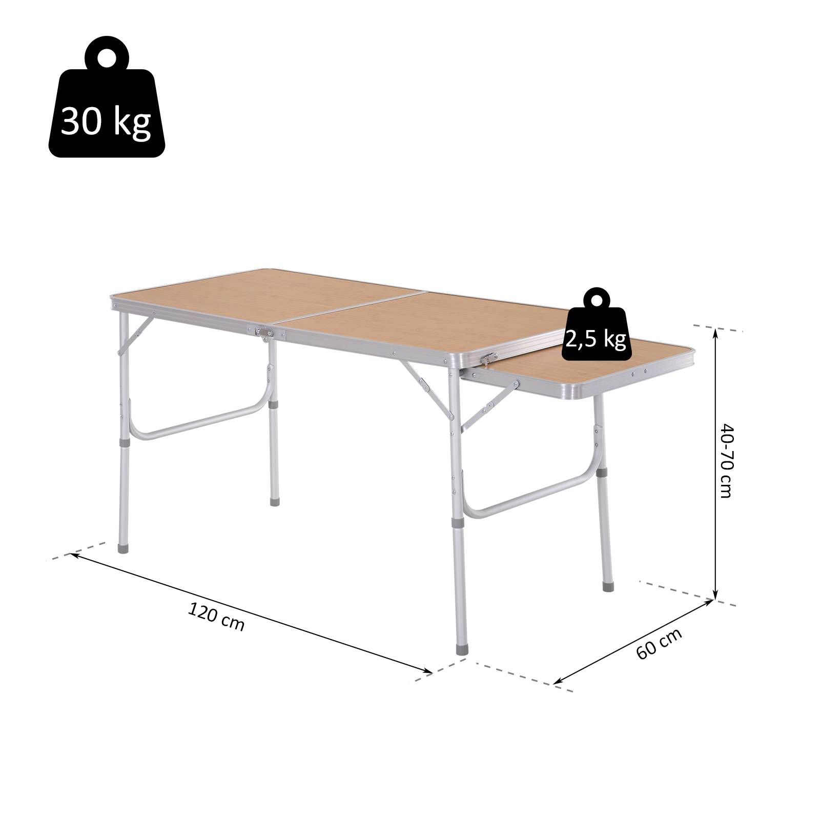 Table de camping pliante aluminium et MDF imitation bambou 120 x 60 x 70 cm - PANGIVO - Image 4