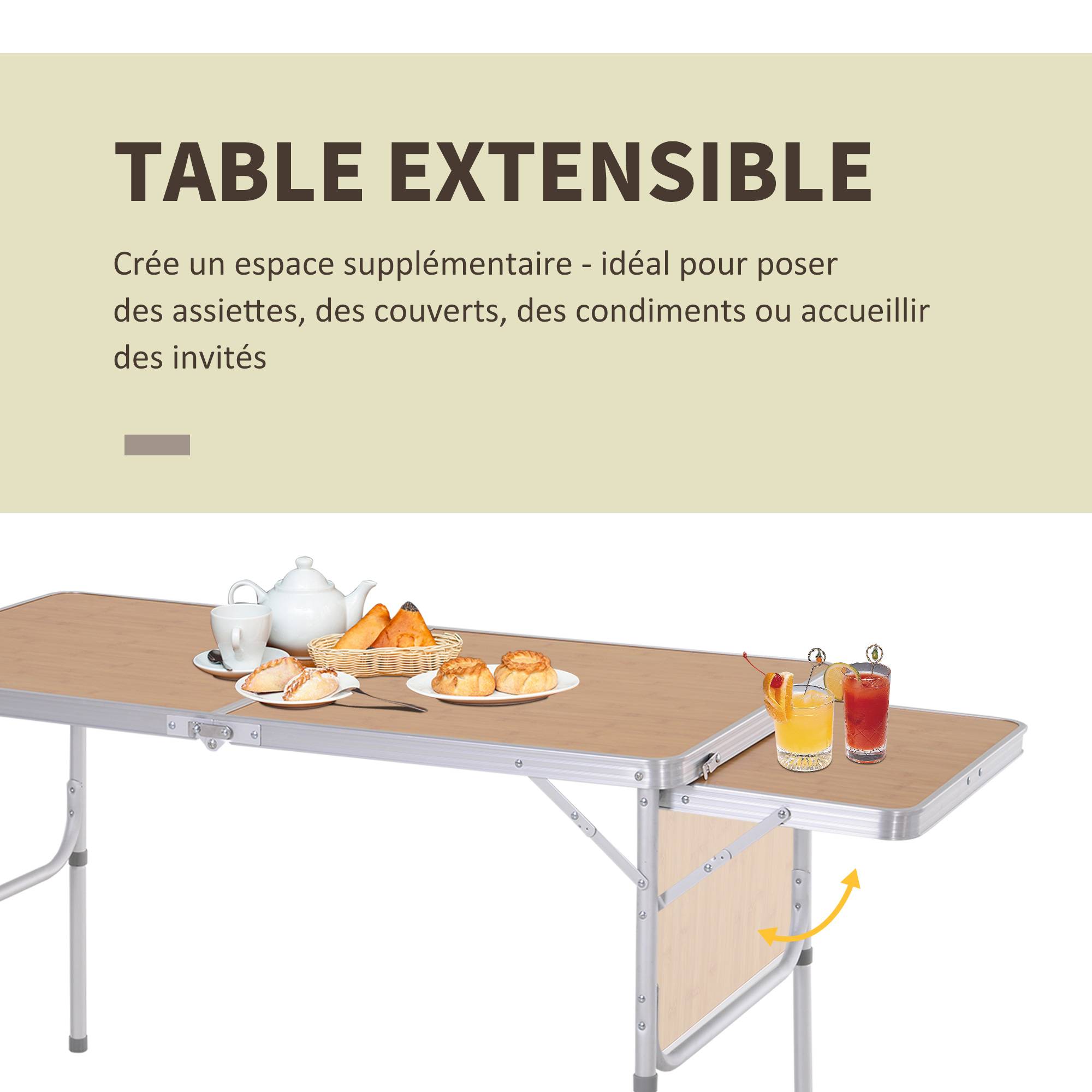 Table de camping pliante aluminium et MDF imitation bambou 120 x 60 x 70 cm - PANGIVO - Image 6