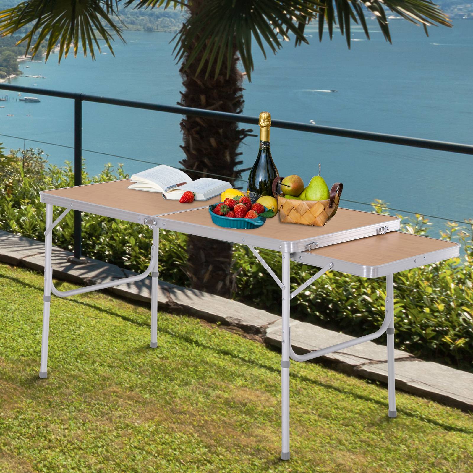 Table de camping pliante aluminium et MDF imitation bambou 120 x 60 x 70 cm - PANGIVO - Image 3