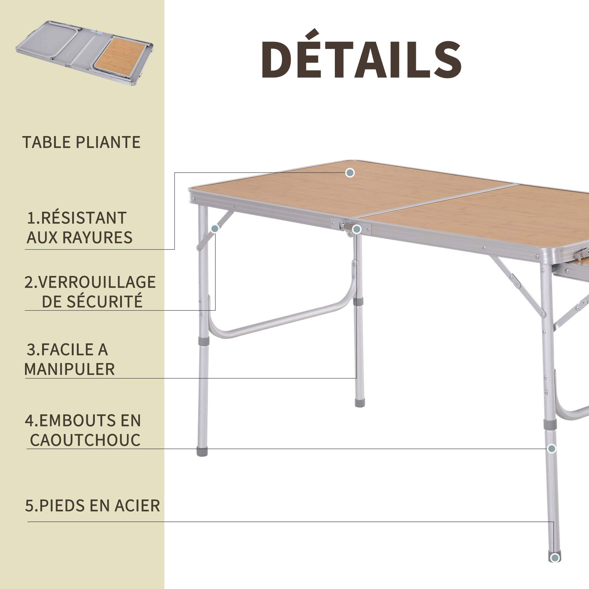 Table de camping pliante aluminium et MDF imitation bambou 120 x 60 x 70 cm - PANGIVO - Image 8