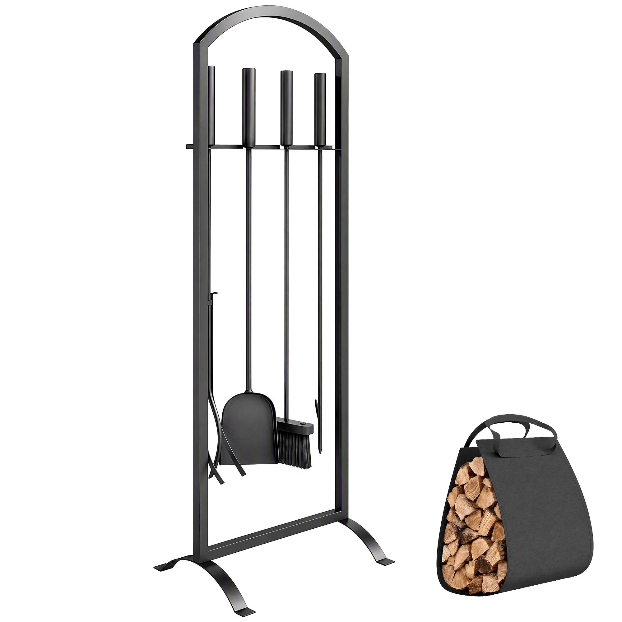 ComfortXL - Serviteur de cheminée en métal noir 30 x 22 x 86 cm avec sac à bûches et 4 outils pour foyer et brasero - Image 2