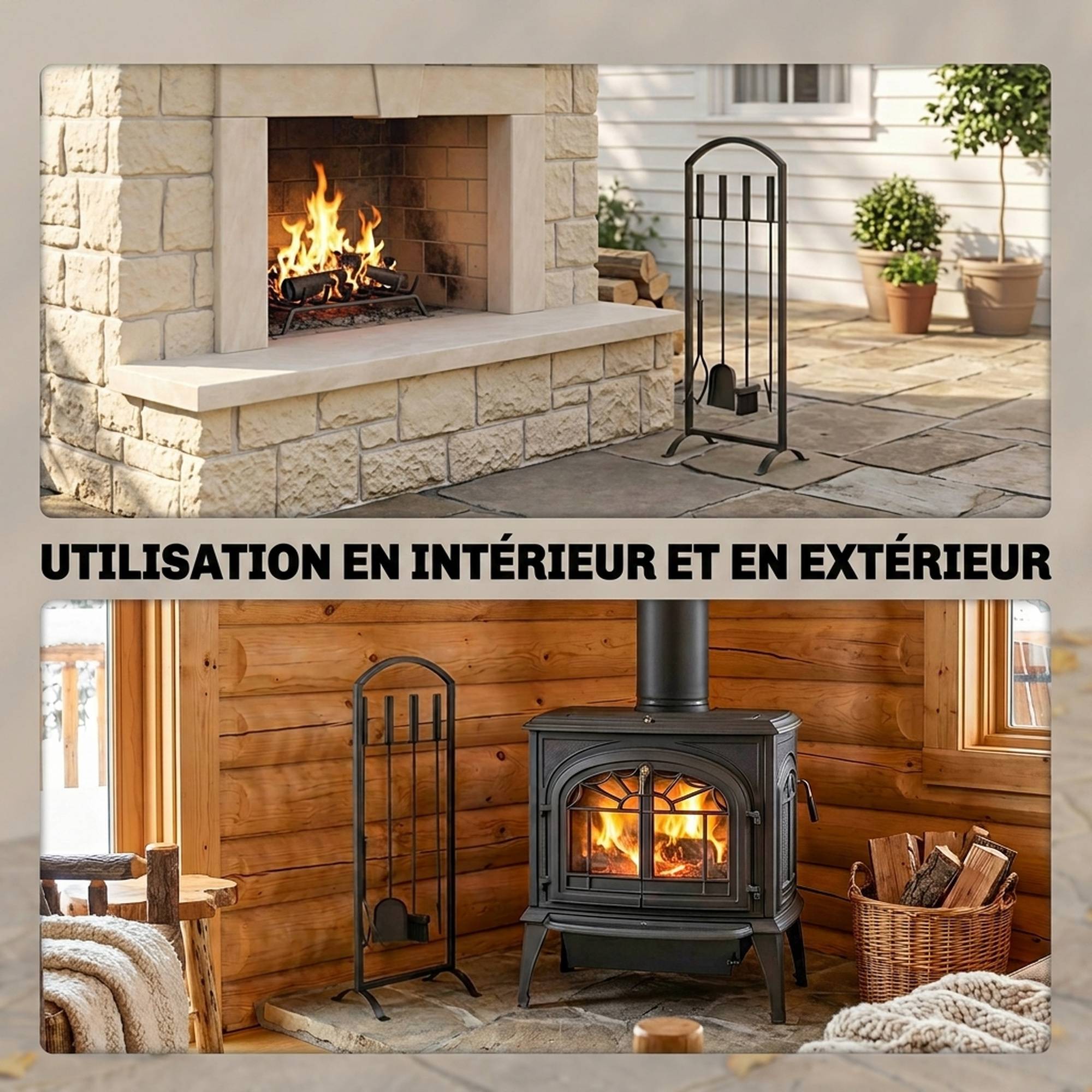 ComfortXL - Serviteur de cheminée en métal noir 30 x 22 x 86 cm avec sac à bûches et 4 outils pour foyer et brasero - Image 6