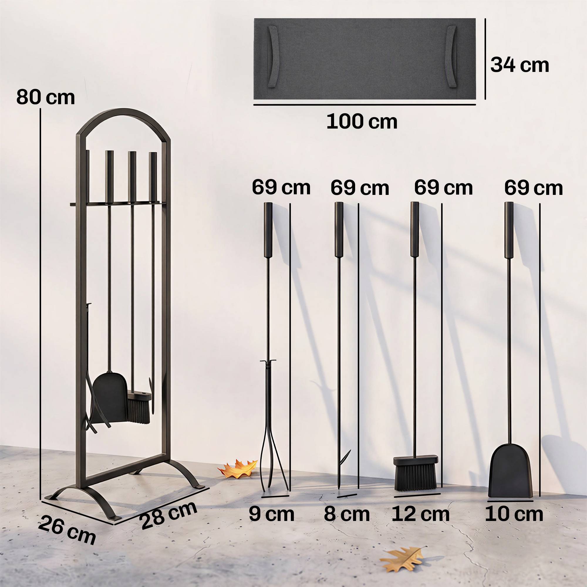 ComfortXL - Serviteur de cheminée en métal noir 30 x 22 x 86 cm avec sac à bûches et 4 outils pour foyer et brasero - Image 3