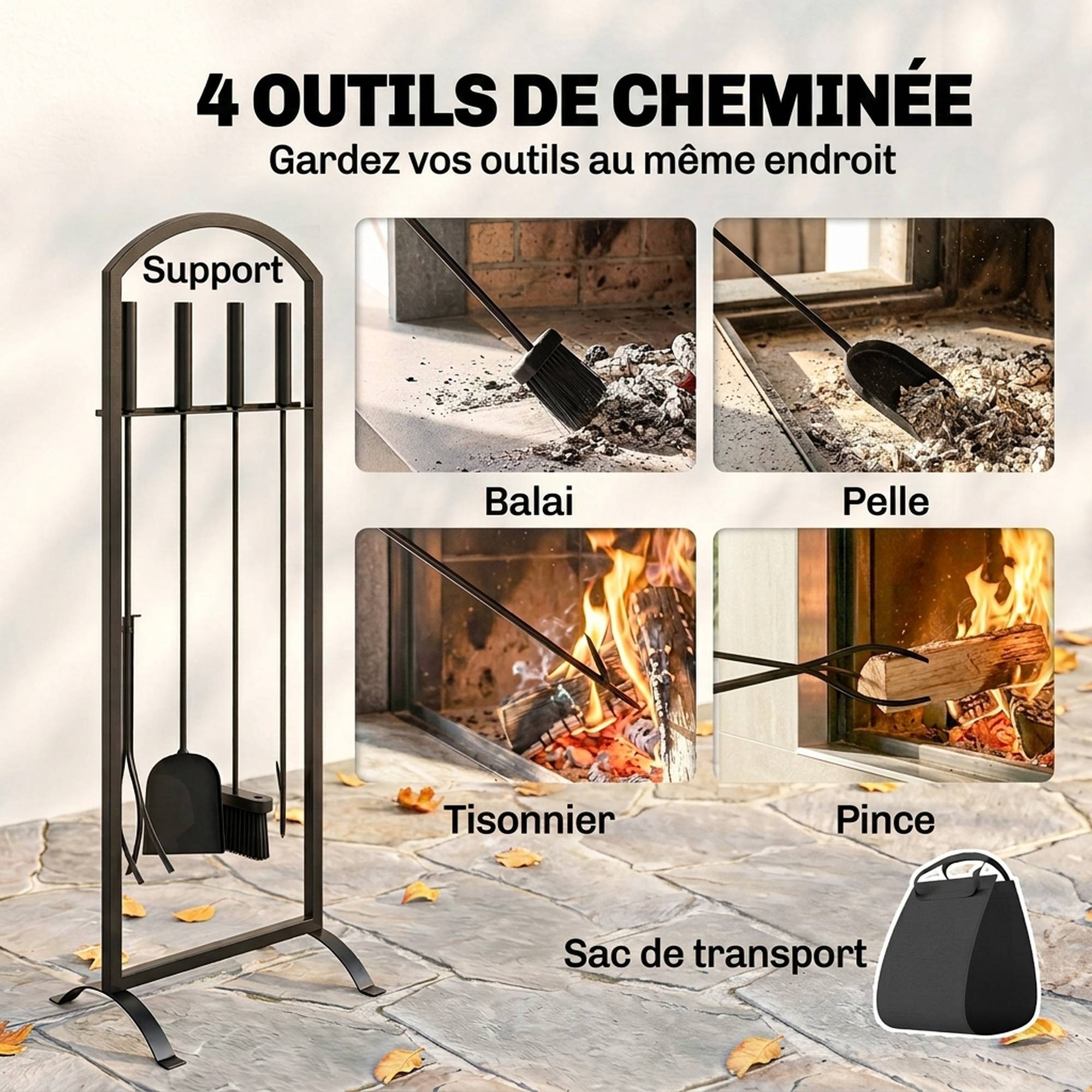 ComfortXL - Serviteur de cheminée en métal noir 30 x 22 x 86 cm avec sac à bûches et 4 outils pour foyer et brasero - Image 4