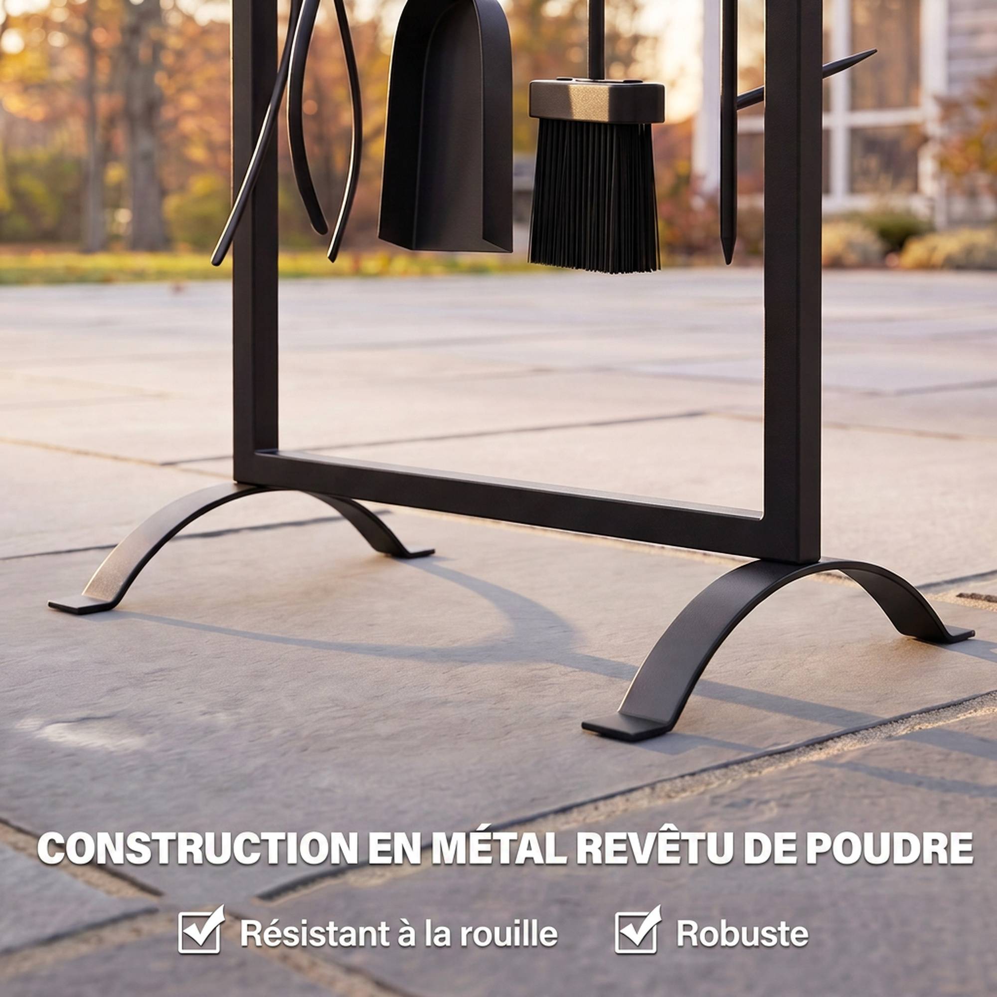 ComfortXL - Serviteur de cheminée en métal noir 30 x 22 x 86 cm avec sac à bûches et 4 outils pour foyer et brasero - Image 7