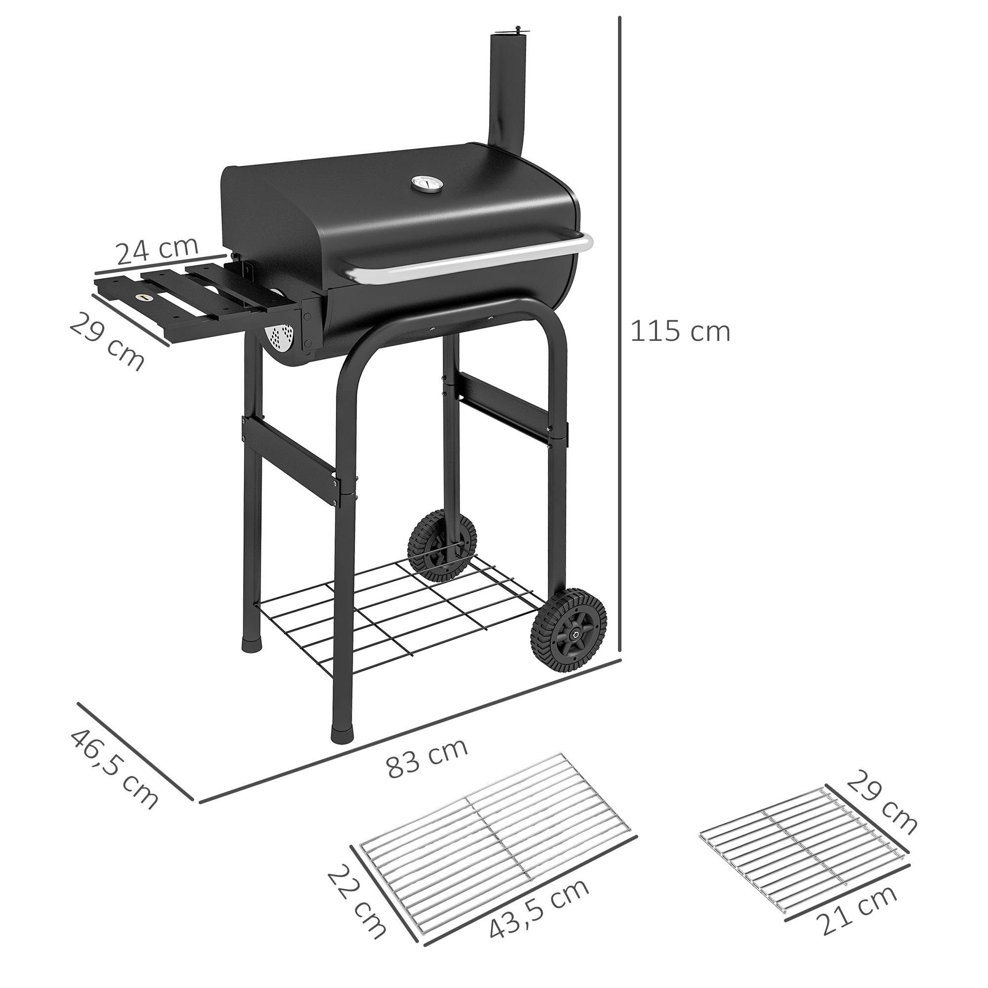 Barbecue au charbon de bois chariot de BBQ, avec étagères, roulettes, couvercle, thermomètre, cheminée, en métal noir - Image 5