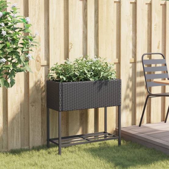 Jardinière, Bac à fleurs, Pot de fleurs avec étagère noir résine tressée - Image 3