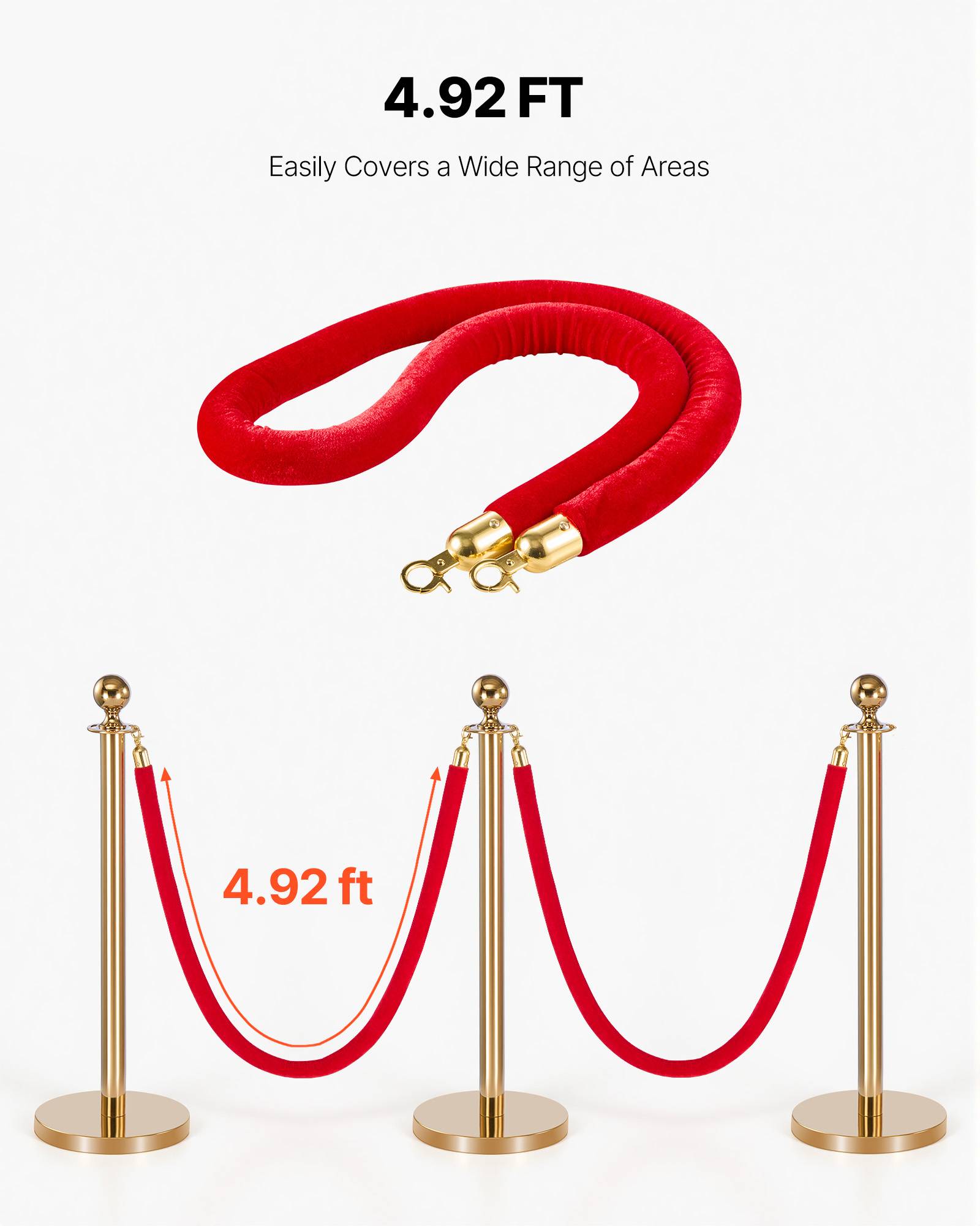 Vevor - VEVOR Cordon pour Poteau de Guidage en Velours Rouge 2PCs 1,5 m Crochets Dorés - Image 5