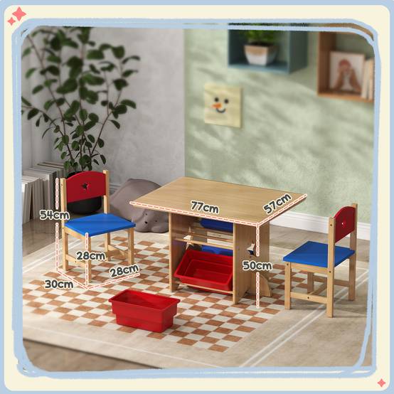 Table enfant avec 2 chaises ensemble 3 pièces bois avec 4 bacs rangement, bois naturel - Image 5