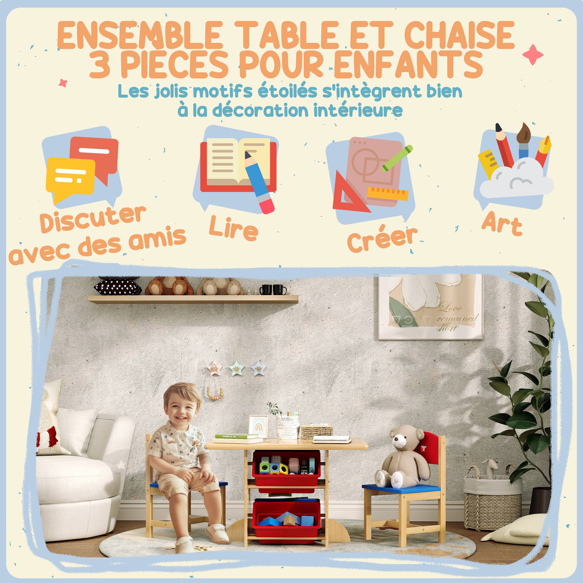 Table enfant avec 2 chaises ensemble 3 pièces bois avec 4 bacs rangement, bois naturel - Image 7