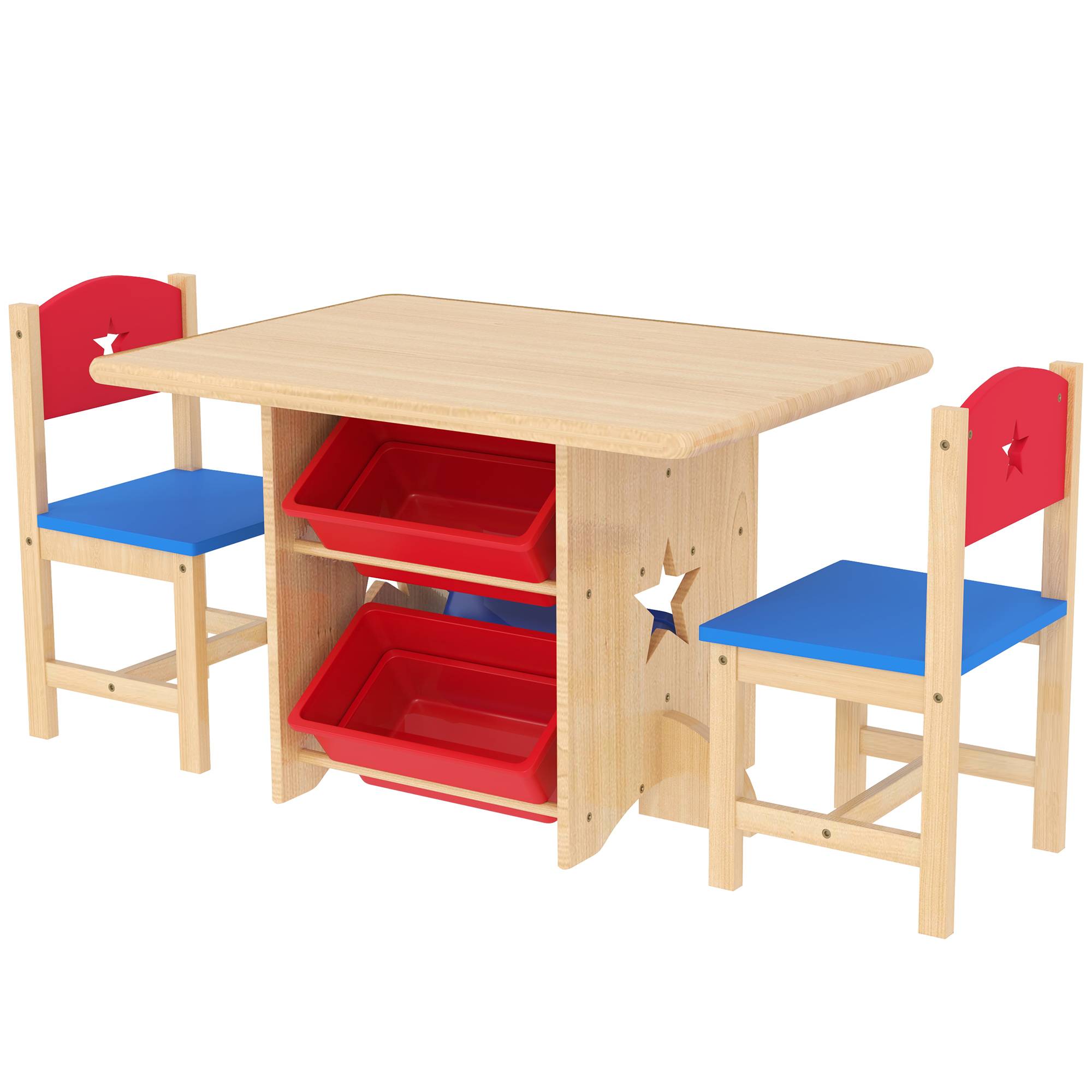 Table enfant avec 2 chaises ensemble 3 pièces bois avec 4 bacs rangement, bois naturel - Image 2