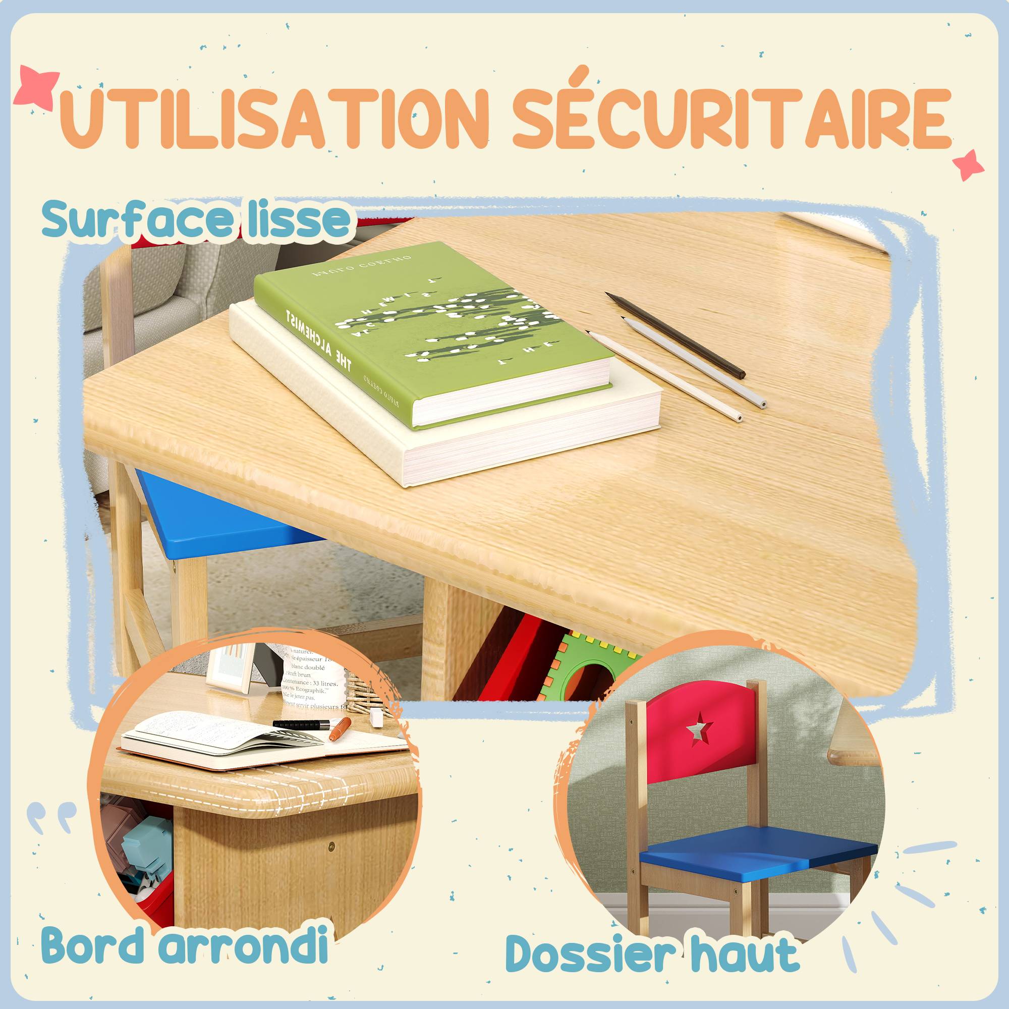 Table enfant avec 2 chaises ensemble 3 pièces bois avec 4 bacs rangement, bois naturel - Image 9
