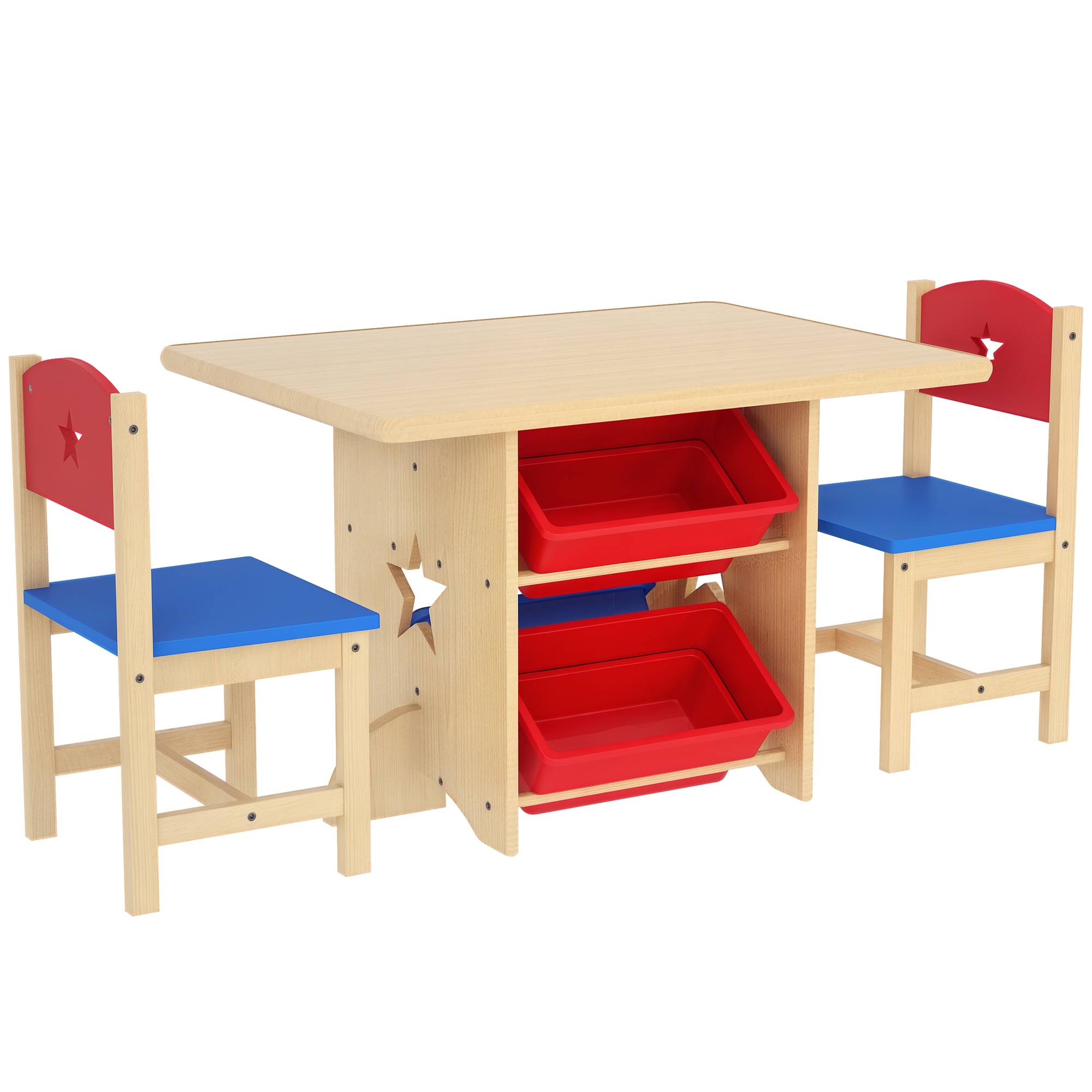 Table enfant avec 2 chaises ensemble 3 pièces bois avec 4 bacs rangement, bois naturel - Image 1
