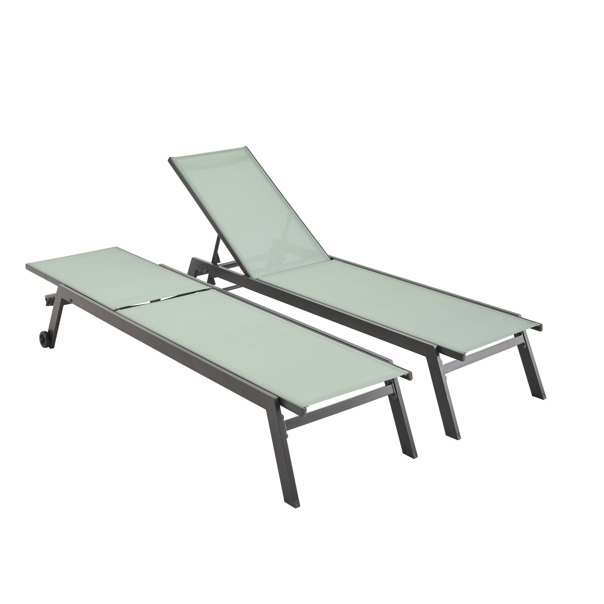 Lot de 2 bains de soleil ELSA en aluminium gris anthracite et textilène vert de gris. transats multi positions avec roulettes | sweeek - Image 2