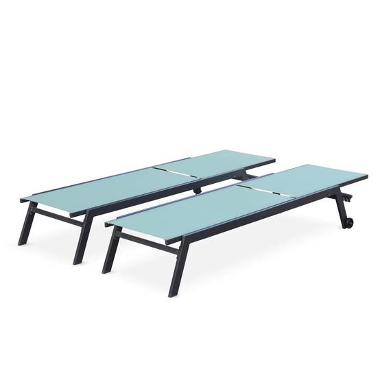 Lot de 2 bains de soleil ELSA en aluminium gris anthracite et textilène vert de gris. transats multi positions avec roulettes | sweeek - Image 3